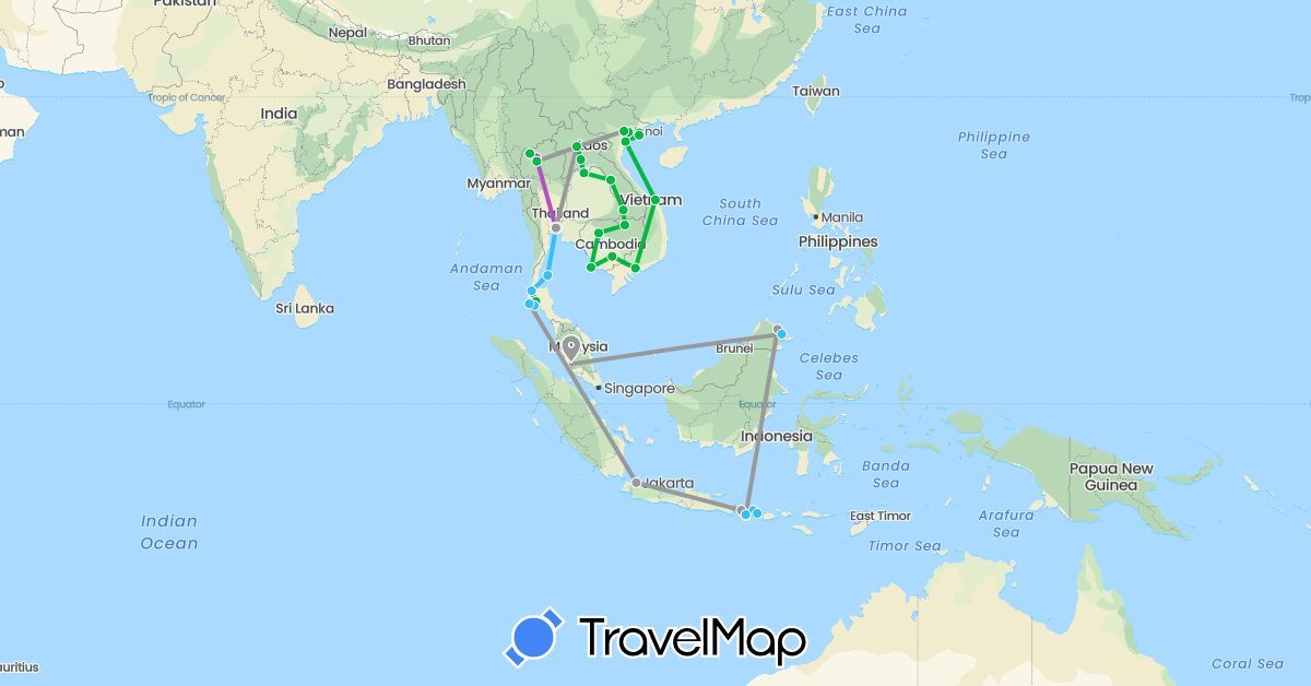 TravelMap itinerary: driving, bus, plane, train, boat in Indonesia, Cambodia, Laos, Malaysia, Thailand, Vietnam (Asia)